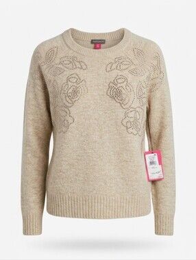 ​NWT Vince Camuto Rhinestone Floral Embellished Sweater Oatmeal | Size MP